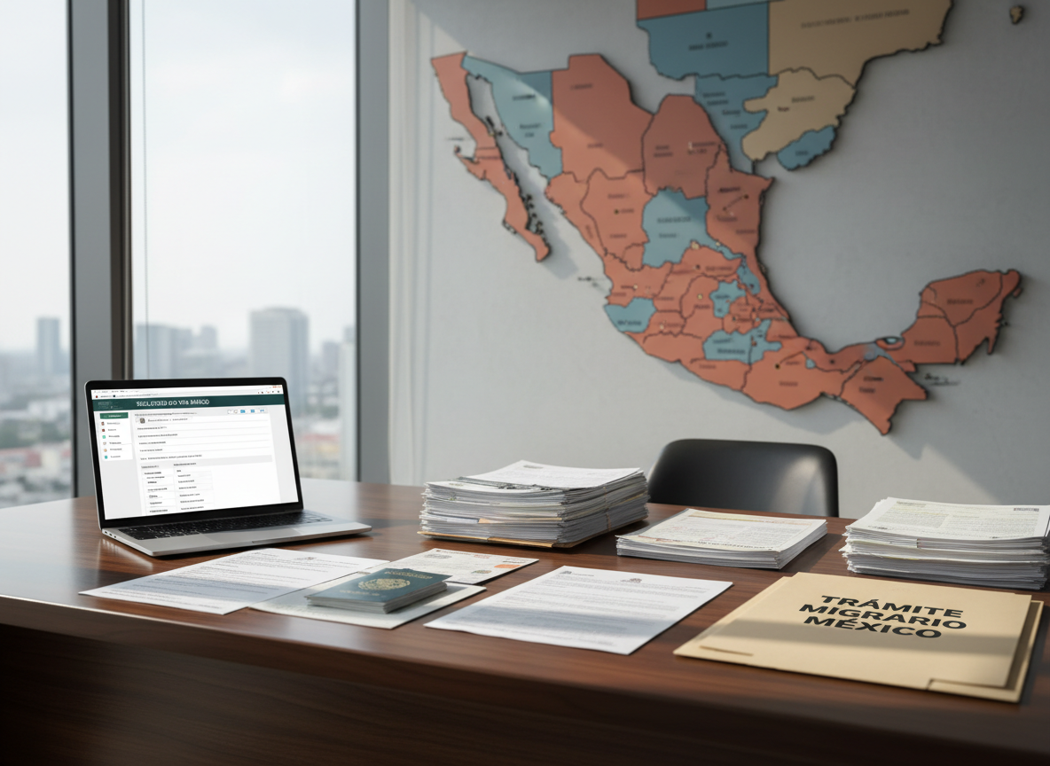 A polished dark-wood executive desk in a modern office, covered with neatly arranged Mexican immigration documents, a sleek silver laptop showing a digital visa application, and a crisp folder labeled “Trámite Migratorio México”. Behind, a large wall map of Mexico in muted blues and terracotta tones is prominently displayed. Soft daylight enters through a floor-to-ceiling window, casting gentle, professional shadows and subtle reflections on the desk’s surface. Photographic realism at eye level, with a shallow depth of field that keeps the documents and map in sharp focus while the city skyline outside is softly blurred. The mood is trustworthy, professional, and calm, reinforcing a sense of security and expert guidance in migratory procedures.